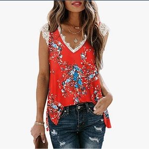 Women's V Neck Lace Tank Tops Summer Casual Sleeveless Side Split Flowy
( BNIP )
